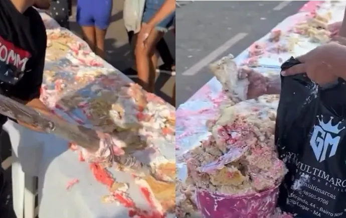 Bolo de Dia das Mães de 60 metros vira confusão e população usa até pá para conseguir um pedaço